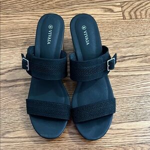 Black Slip-On Sandals with Block Heel